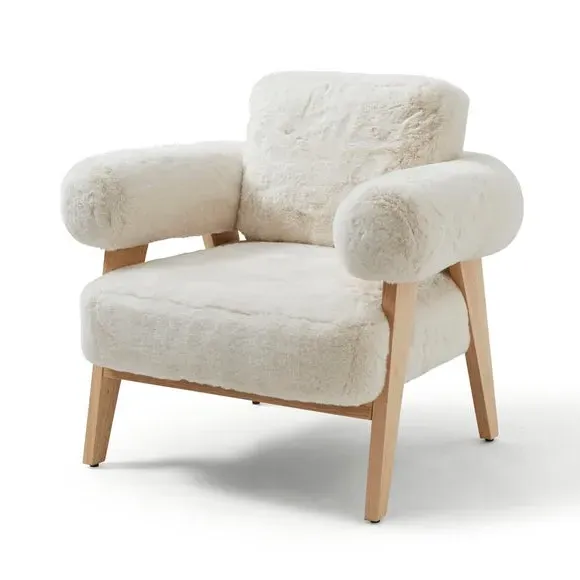 Accent Chair with Faux Fur - Ivory, Wood Frame