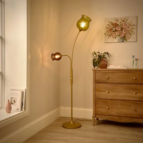 Adjustable Floor Lamp with Dual Arms - Gold, Metal