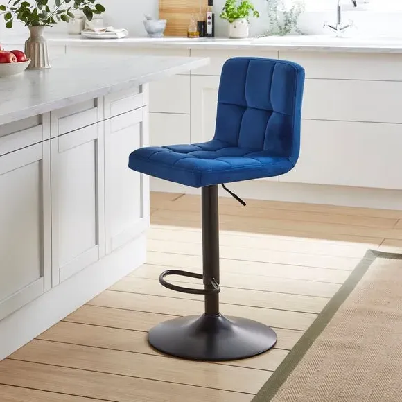 Adjustable Swivel Bar Stool - Blue, Velvet