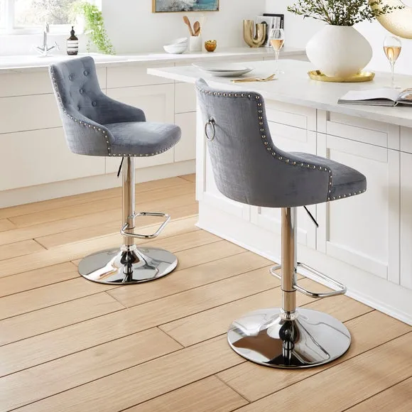 Adjustable Swivel Bar Stool - Blue, Velvet