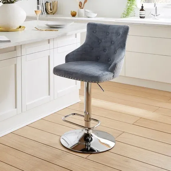 Adjustable Swivel Bar Stool - Blue, Velvet image