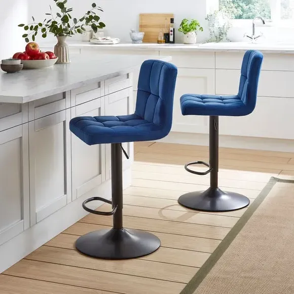 Adjustable Swivel Bar Stool - Blue, Velvet image