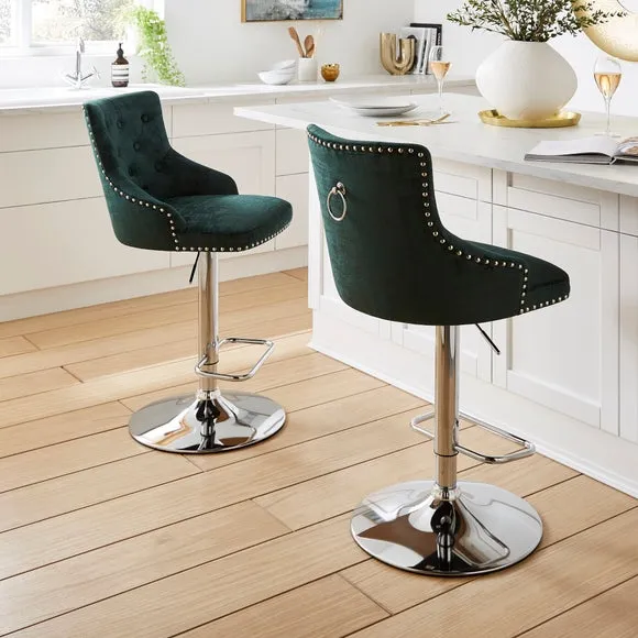 Adjustable Swivel Bar Stool - Green, Velvet