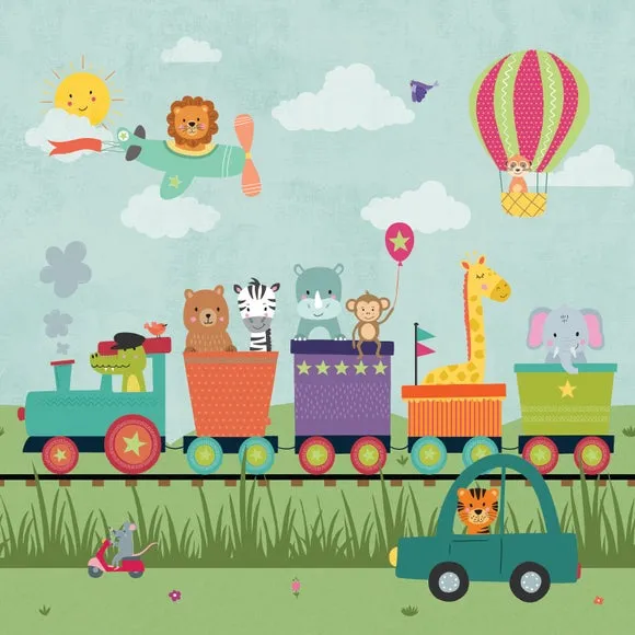 Animal Party Train Wall Mural - Multicolor, Paper