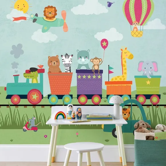 Animal Party Train Wall Mural - Multicolor, Paper