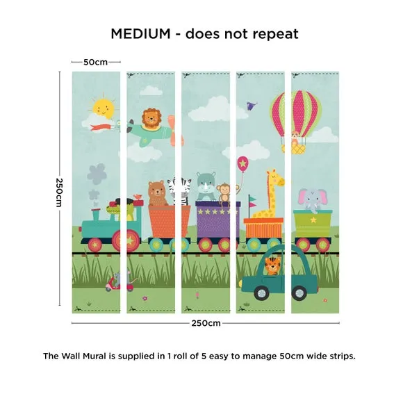 Animal Party Train Wall Mural - Multicolor, Paper