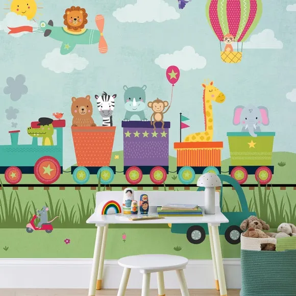 Animal Party Train Wall Mural - Multicolor, Paper