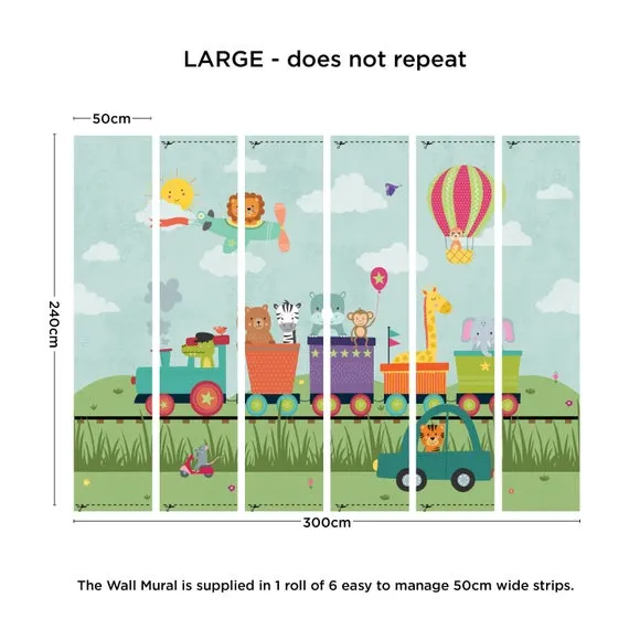 Animal Party Train Wall Mural - Multicolor, Paper