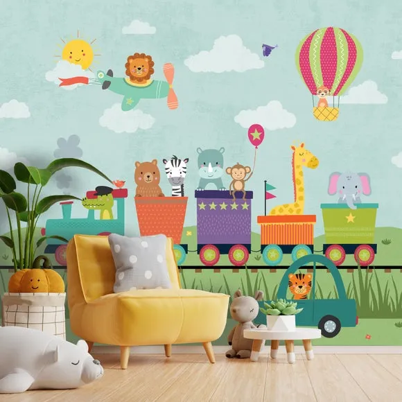 Animal Party Train Wall Mural - Multicolor, Paper