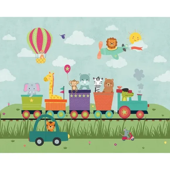 Animal Party Train Wall Mural - Multicolor, Paper