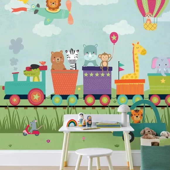 Animal Party Train Wall Mural - Multicolor, Paper
