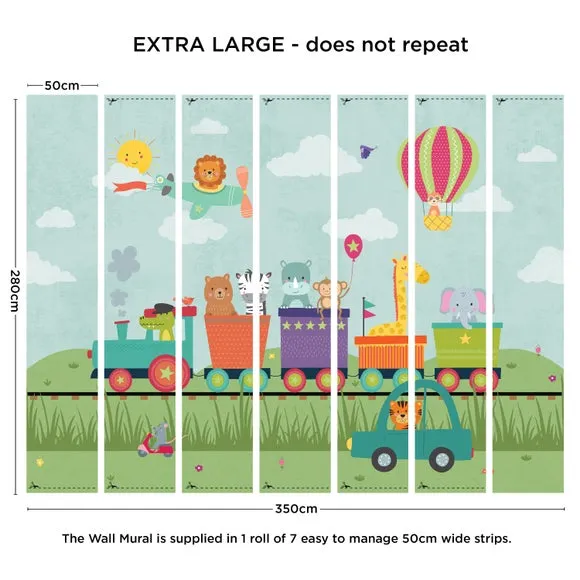 Animal Party Train Wall Mural - Multicolor, Paper