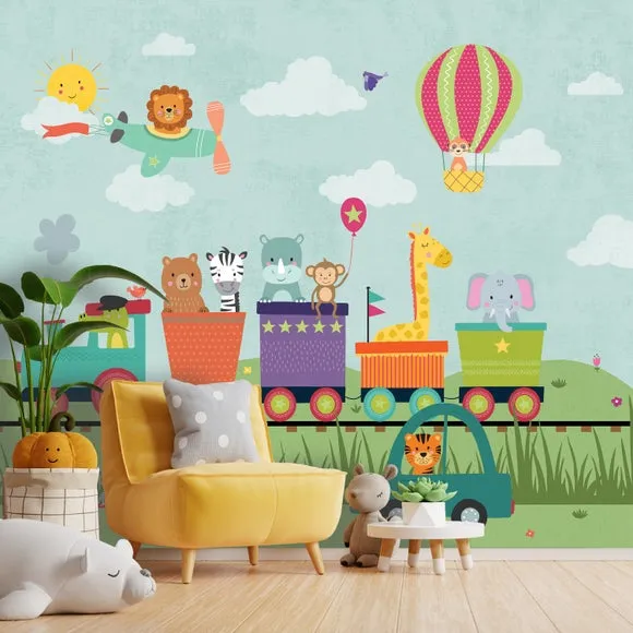 Animal Party Train Wall Mural - Multicolor, Paper