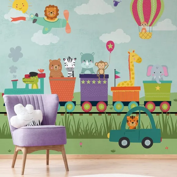 Animal Party Train Wall Mural - Multicolor, Paper image