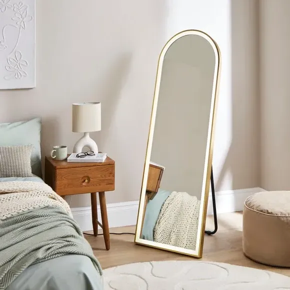 Arched Standing Mirror with LED Lights - Gold