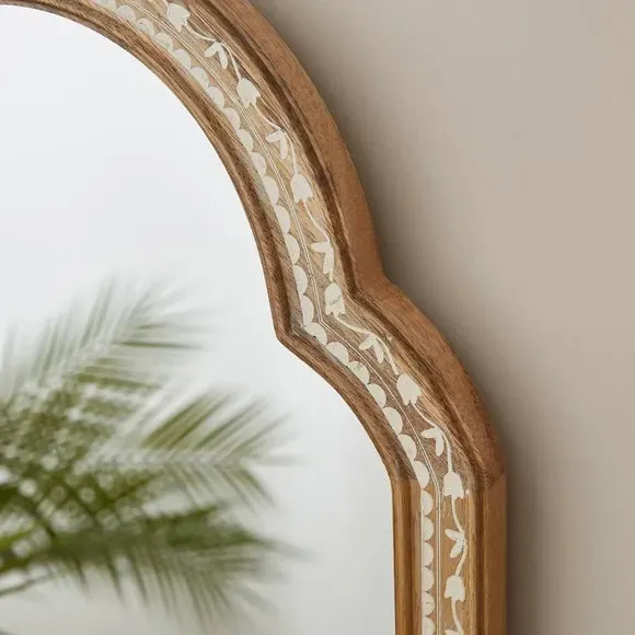 Arched Wall Mirror with Floral Design - Natural, Mango Wood