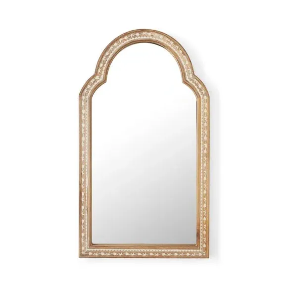 Arched Wall Mirror with Floral Design - Natural, Mango Wood
