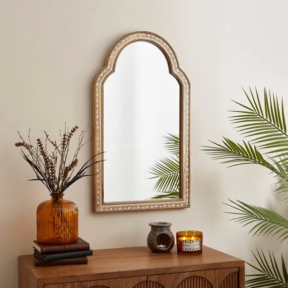 Arched Wall Mirror with Floral Design - Natural, Mango Wood image