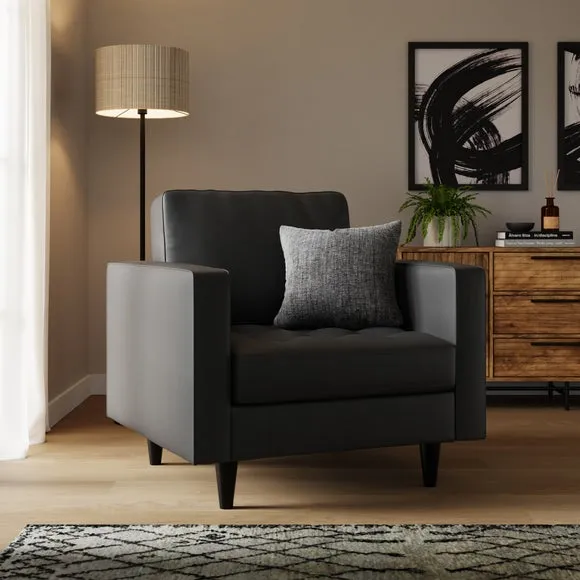 Armchair with Plush Cushions - Black, Faux Leather