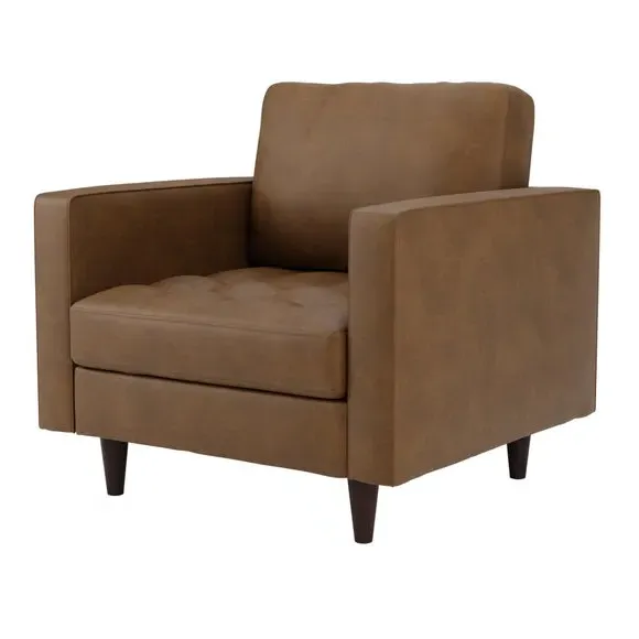 Armchair with Tufted Seat - Tan, Faux Leather