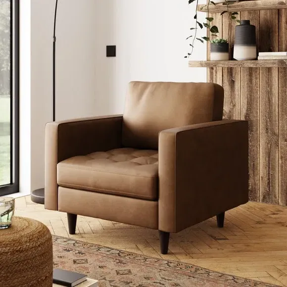 Armchair with Tufted Seat - Tan, Faux Leather