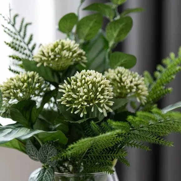 Artificial Allium Bouquet - Green, Glass Vase
