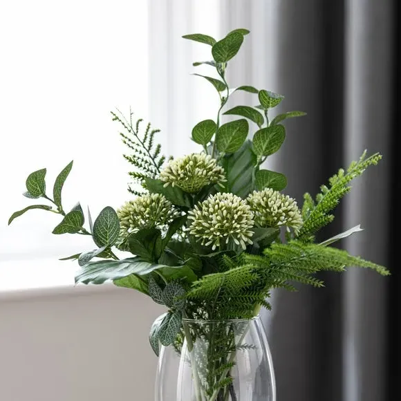 Artificial Allium Bouquet - Green, Glass Vase