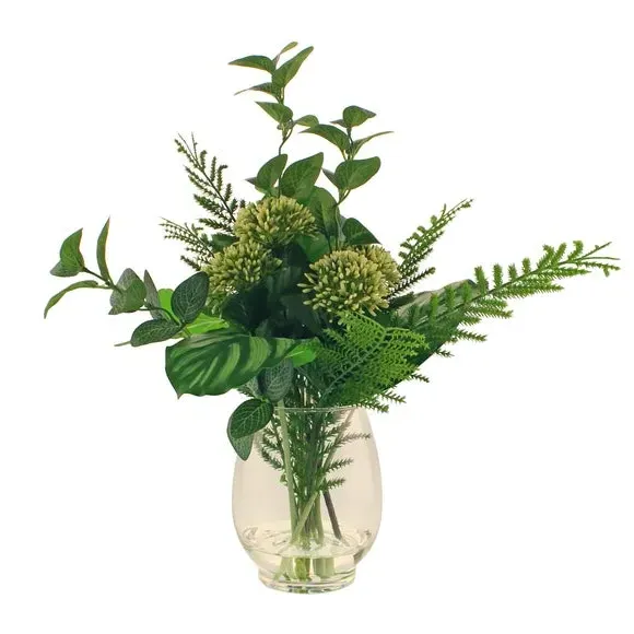 Artificial Allium Bouquet - Green, Glass Vase