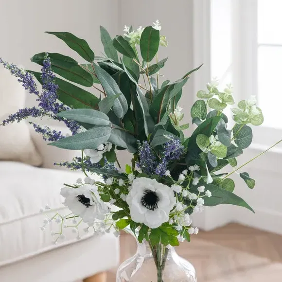 Artificial Anemone Bouquet - White, Mixed Foliage
