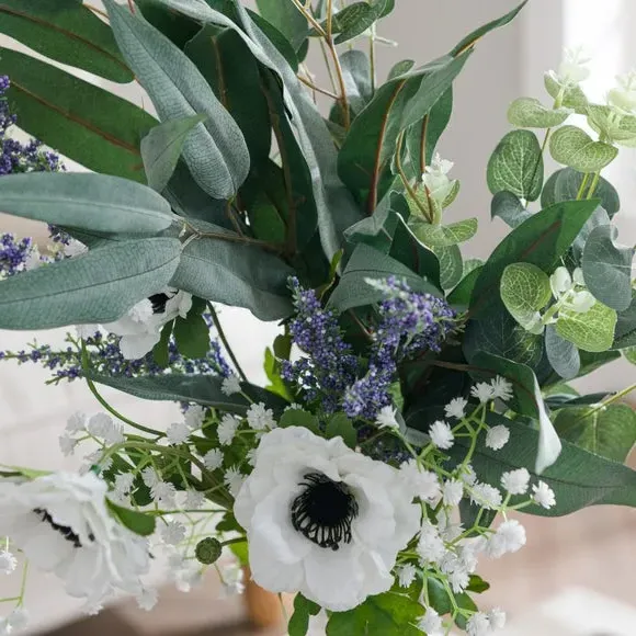 Artificial Anemone Bouquet - White, Mixed Foliage