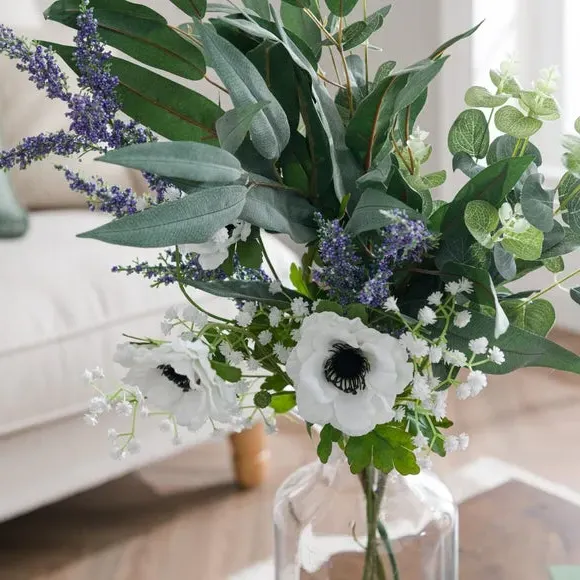 Artificial Anemone Bouquet - White, Mixed Foliage