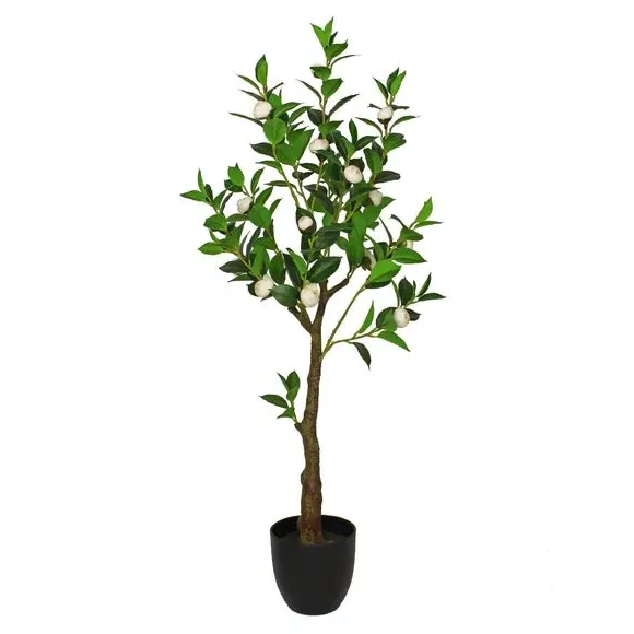 Artificial Camellia Tree - Off-White, Black Pot