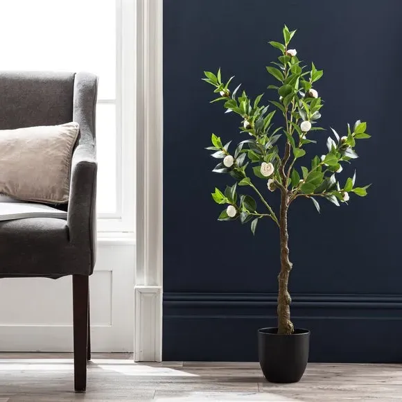 Artificial Camellia Tree - Off-White, Black Pot image