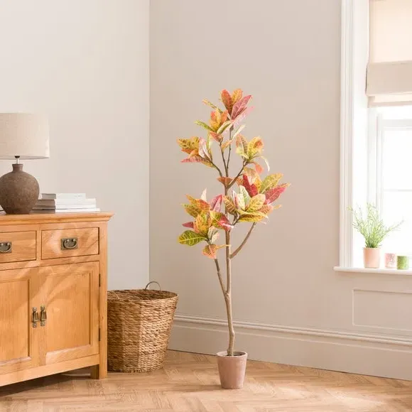 Artificial Croton Tree - Red, Terracotta Pot image
