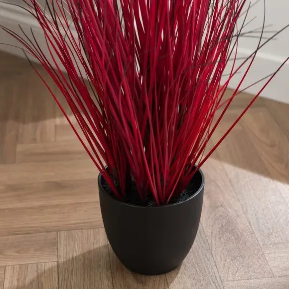 Artificial Grass Plant - Red, Plastic Pot