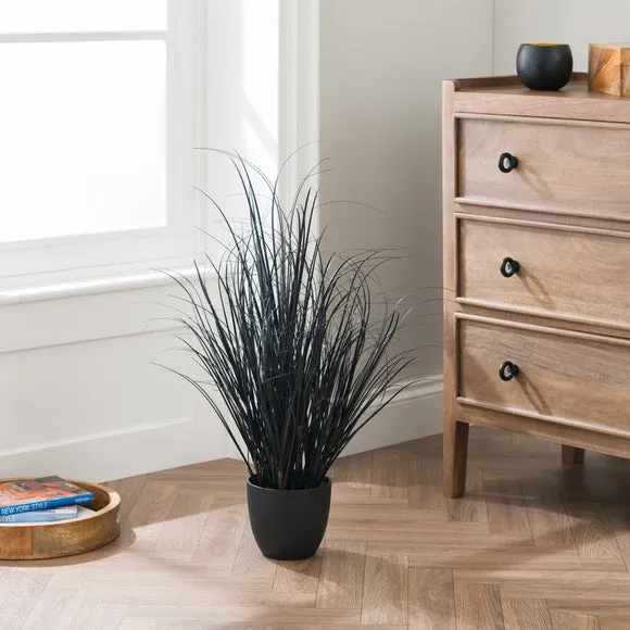Artificial Grass Plant with Pot - Black, Plastic