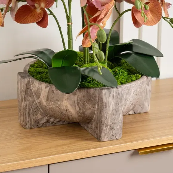 Artificial Orchid in Marble Pot - Brown, Plastic