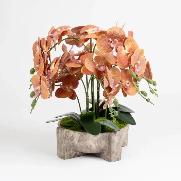 Artificial Orchid in Marble Pot - Brown, Plastic