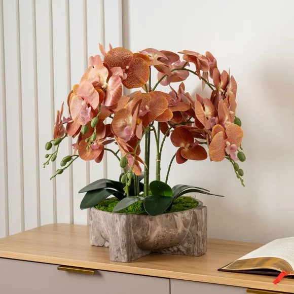 Artificial Orchid in Marble Pot - Brown, Plastic image