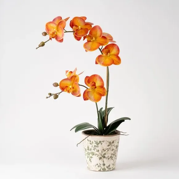 Artificial Orchid Plant - Orange, Ceramic Pot