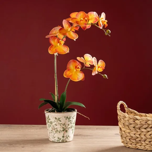 Artificial Orchid Plant - Orange, Ceramic Pot image