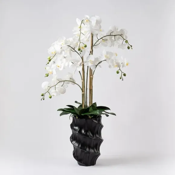 Artificial Orchid with Stone Pot - White