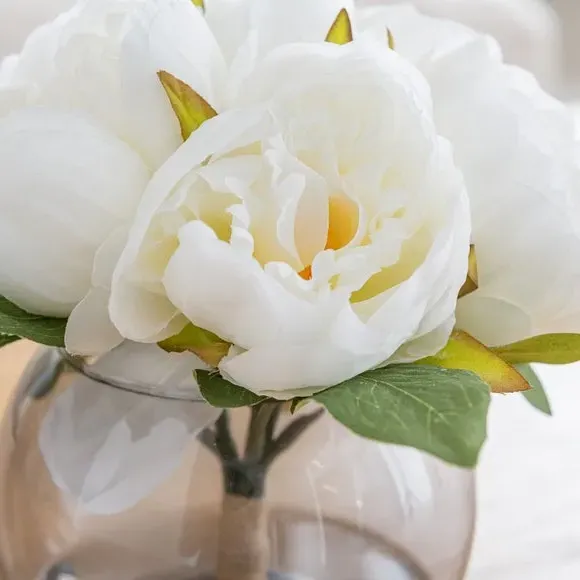 Artificial Peony Arrangement - Cream, Glass Vase