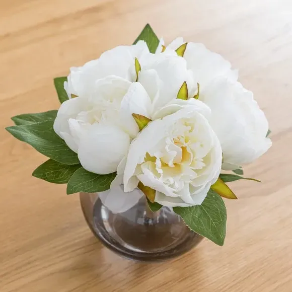 Artificial Peony Arrangement - Cream, Glass Vase