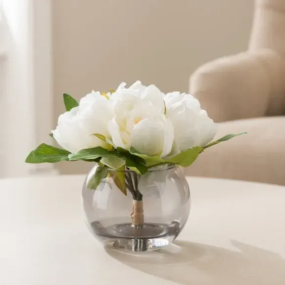 Artificial Peony Arrangement - Cream, Glass Vase