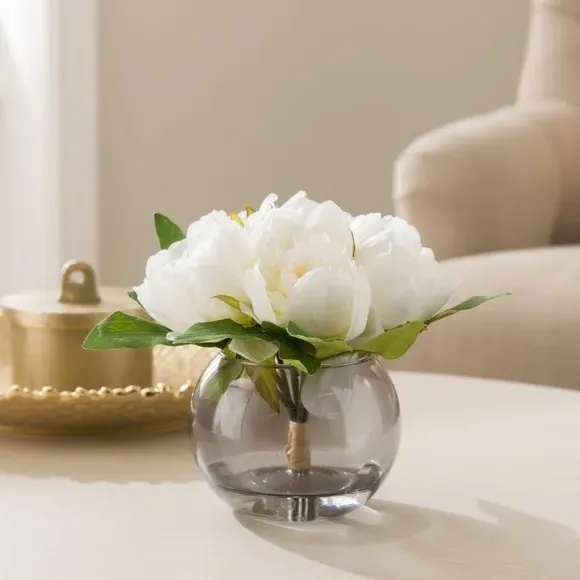 Artificial Peony Arrangement - Cream, Glass Vase image