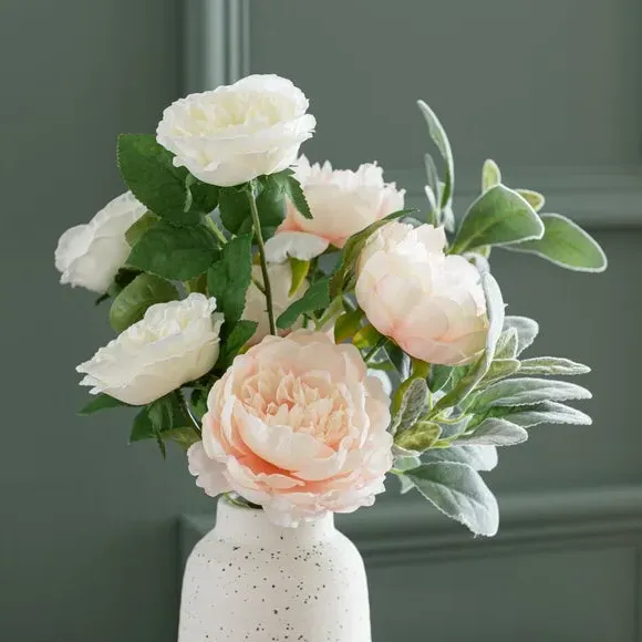 Artificial Peony Rose Bouquet - White, Ceramic
