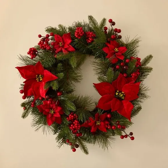 Artificial Poinsettia Wreath with Berries - Green