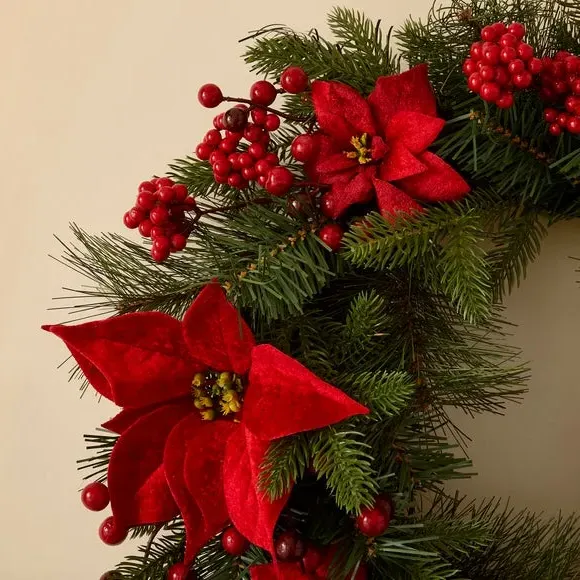 Artificial Poinsettia Wreath with Berries - Green
