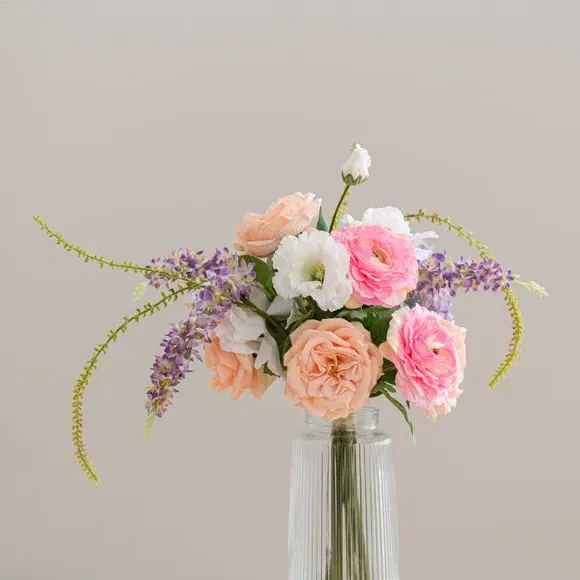 Artificial Rose Bouquet in Ribbed Vase - Pink